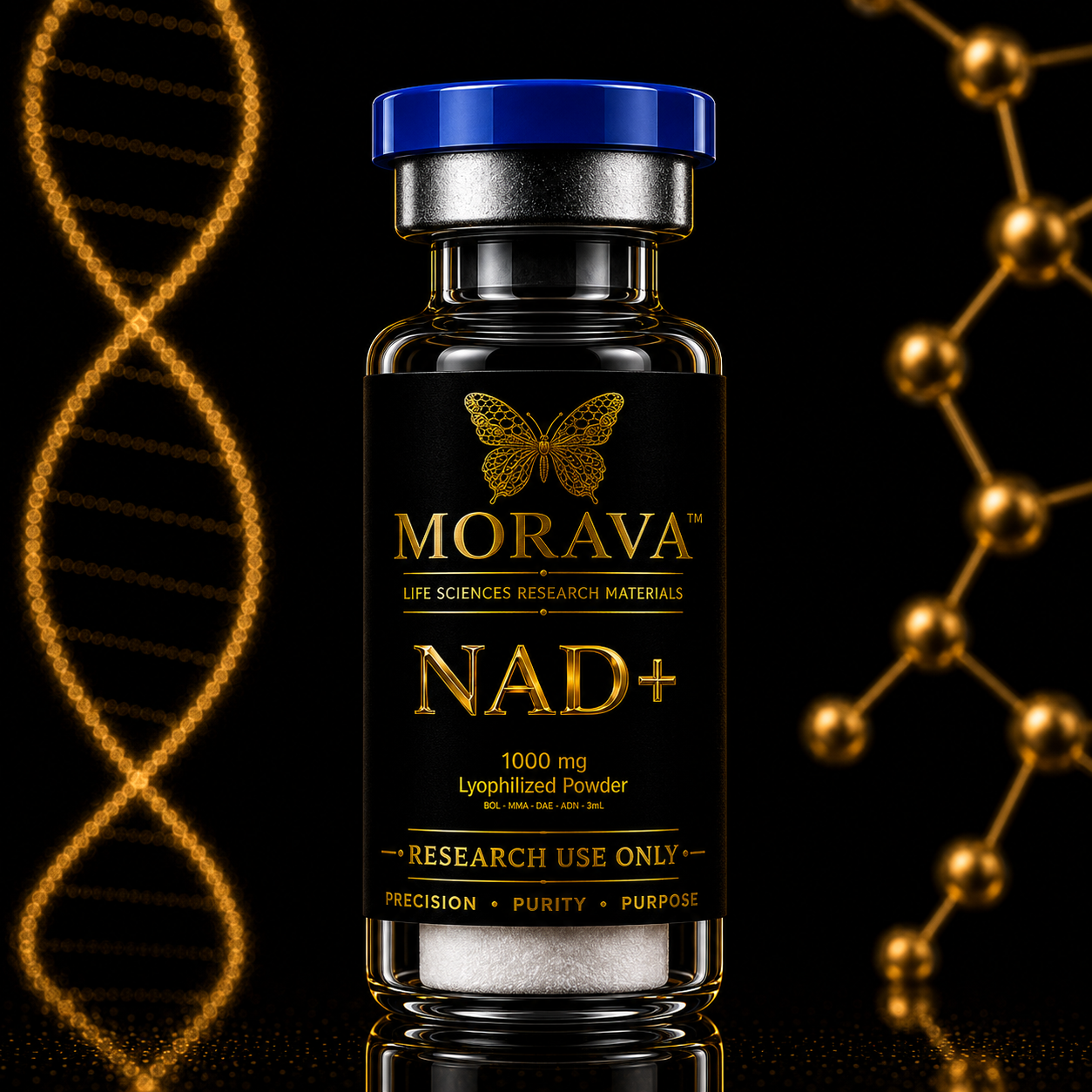 NAD+ 1000 mg lyophilized powder in a 3 mL MORAVA research vial