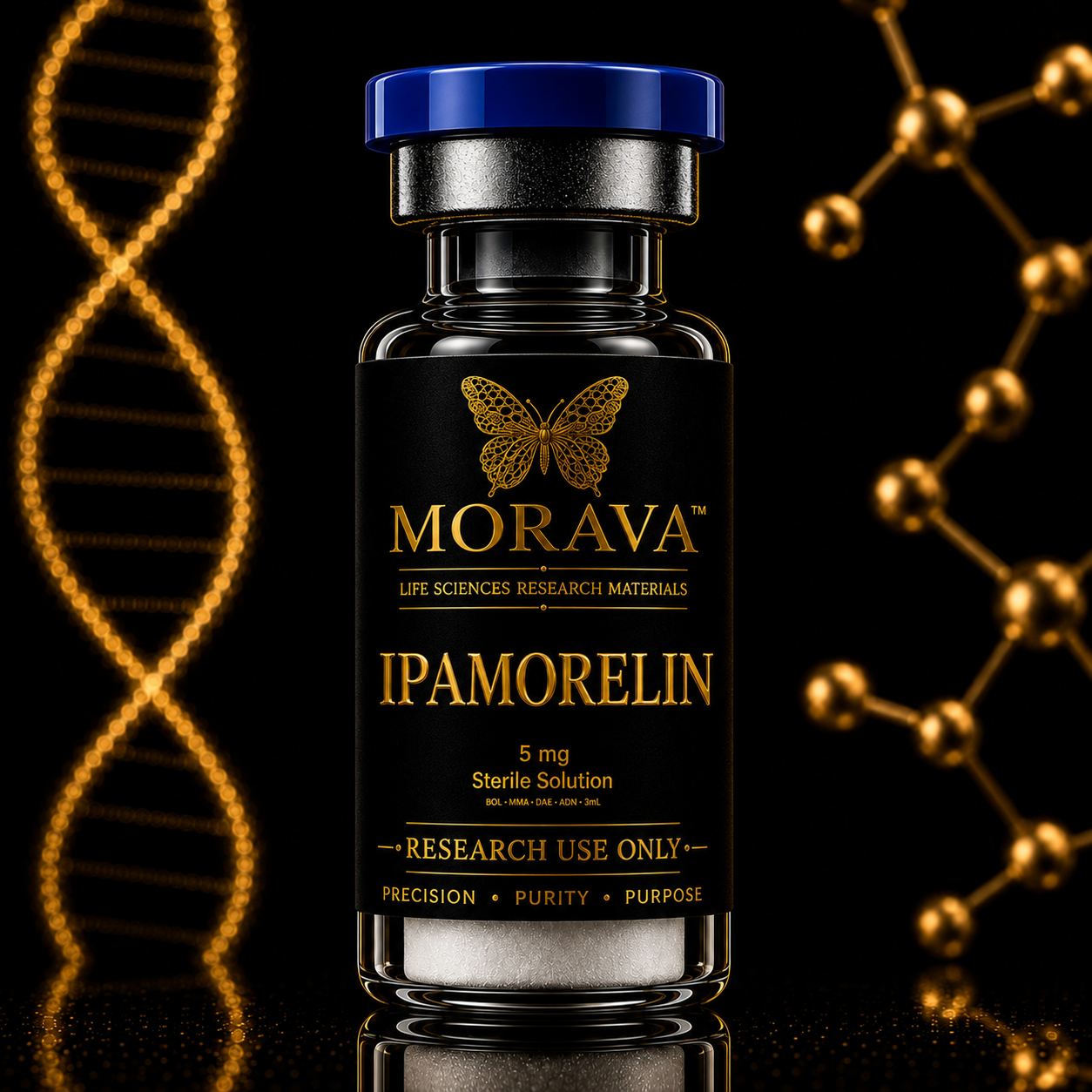 Ipamorelin 5 mg lyophilized powder in a 3 mL MORAVA research vial