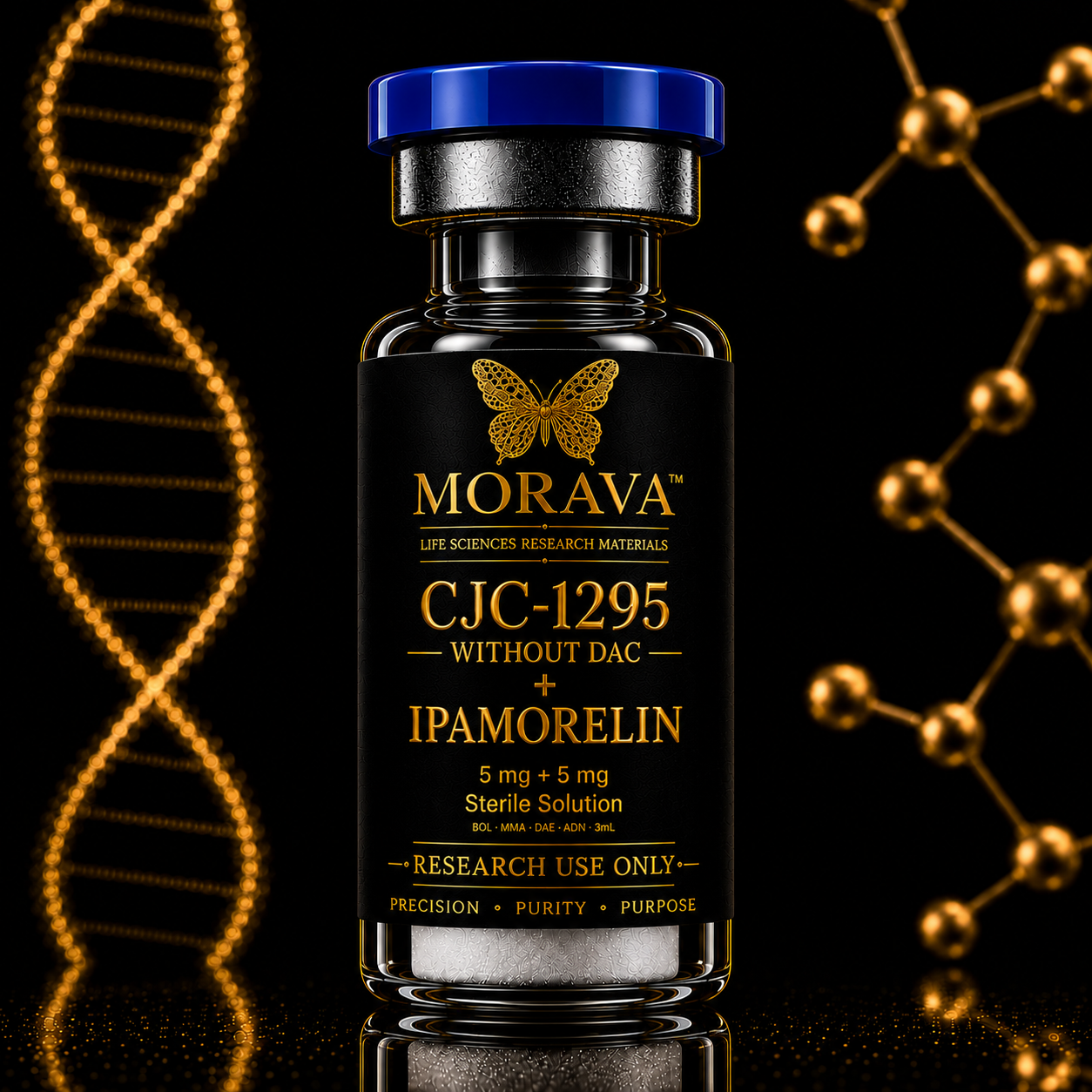 CJC-1295 no DAC 5 mg + Ipamorelin 5 mg lyophilized powder in a 3 mL MORAVA research vial