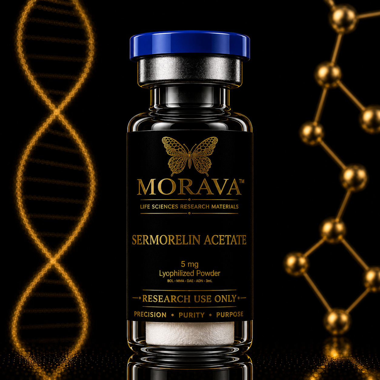 Sermorelin Acetate 5 mg lyophilized powder in a 3 mL MORAVA research vial
